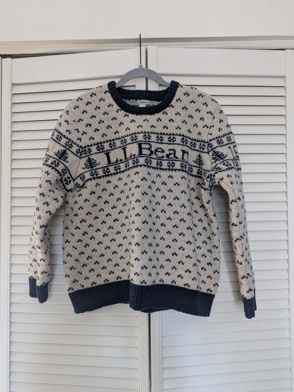 L.L. Bean Cream and Navy Fair Isle Wool Sweater